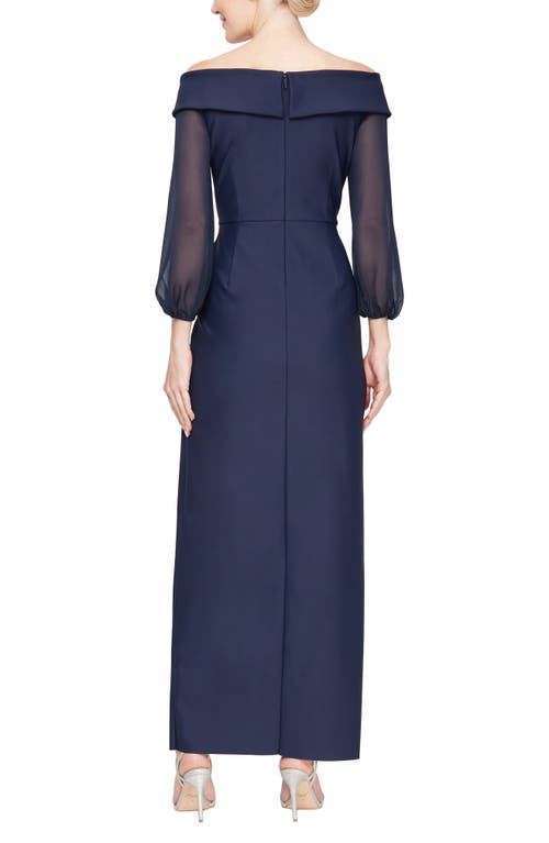 Alex Evenings Petite Off-the-shoulder Ruffle Gown In Navy
