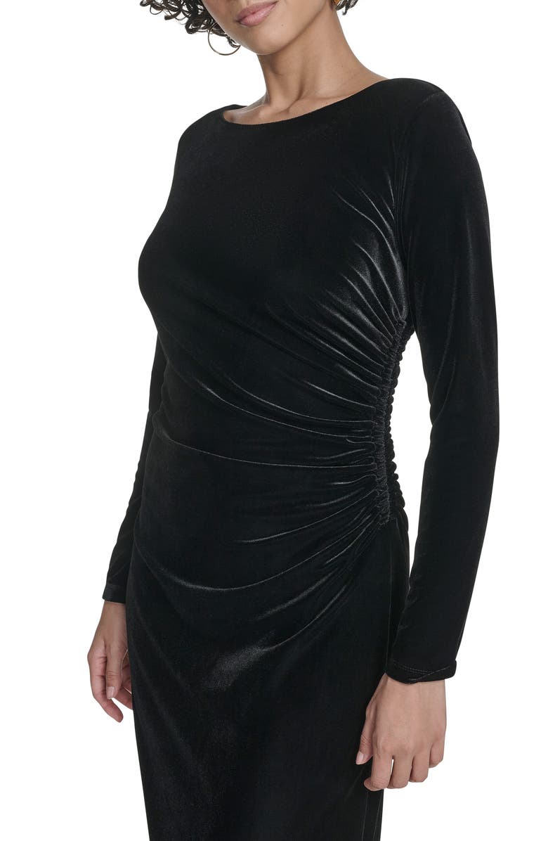 Calvin Klein Long Sleeve Ruched Velvet Gown, Alternate, color, Black