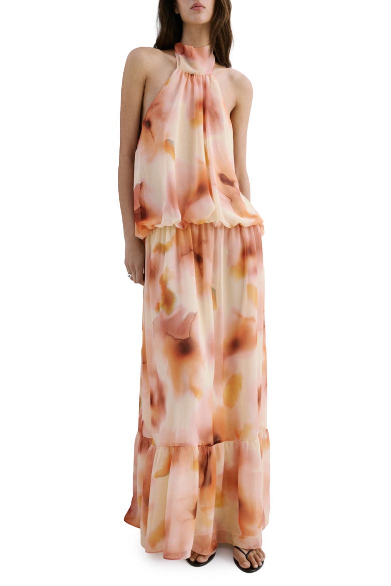 Abstract Print Halter Maxi Dress, Main, color, PEACH
