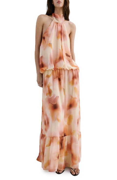 Abstract Print Halter Maxi Dress