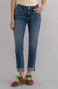 Amy Frayed Mid Rise Crop Slim Straight Leg Jeans