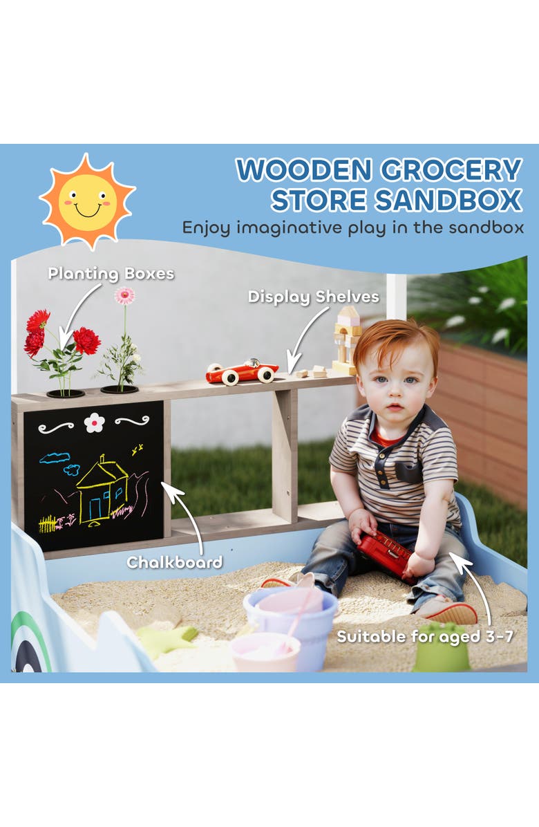 Qaba Kids Wooden Sandbox with Canopy, Grocery Store & Bench Seats, Alternate, color, Blue