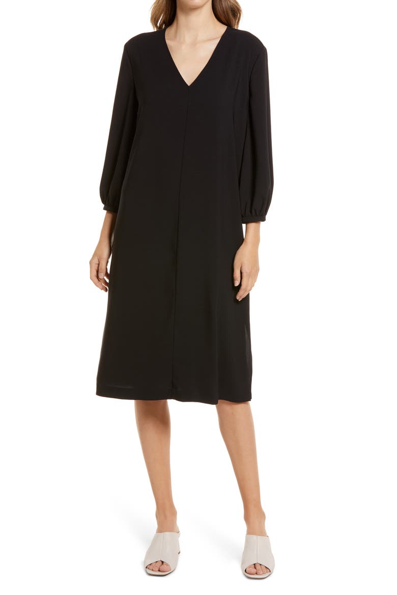 V-Neck Blouson Sleeve Dress, Alternate, color, BLACK