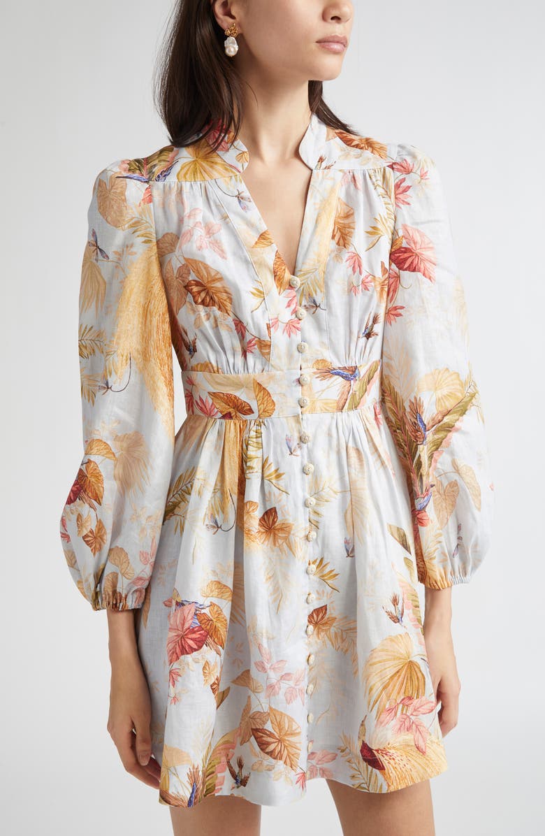 Zimmermann Ascension Floral Long Sleeve Linen Minidress, Alternate, color, Light Blue Palm Floral
