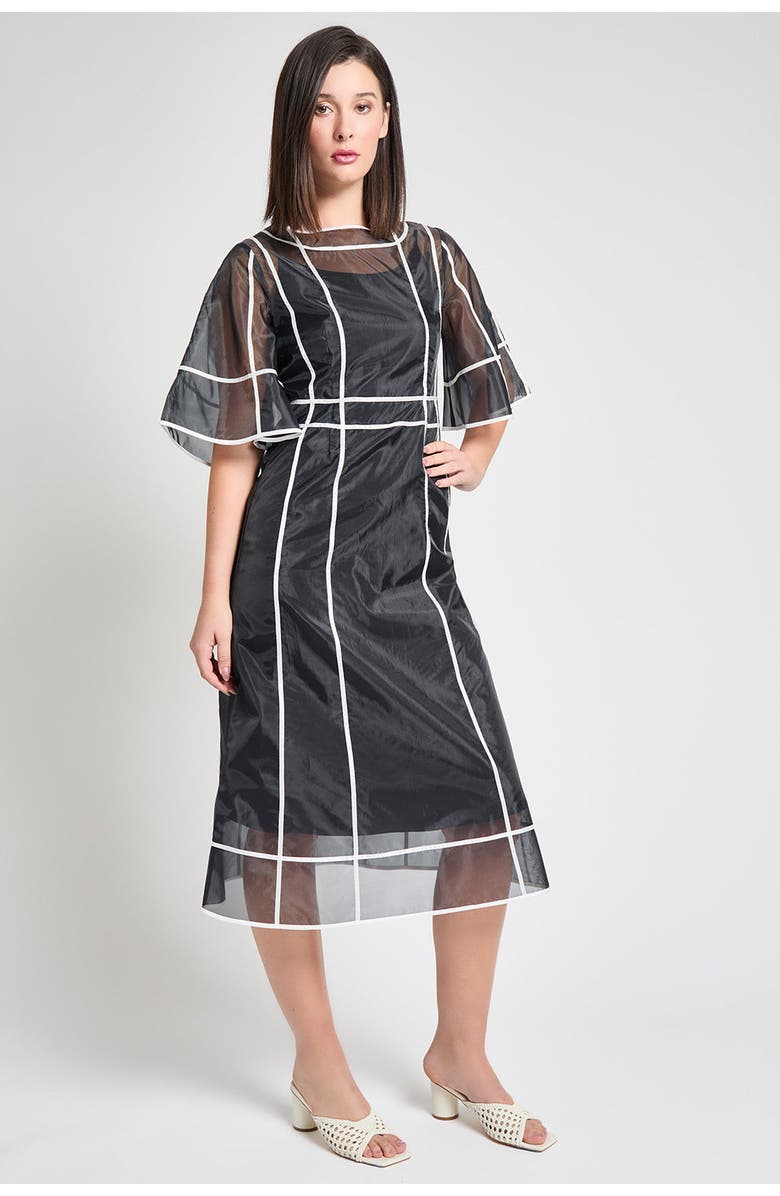 Ming Wang Modern Fit Organza Contrast Stripe A Line Midi Dress, Alternate, color, Black/White