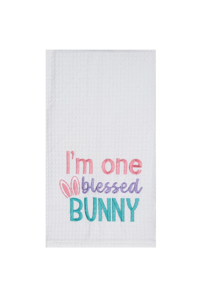 "I'm One Blessed Bunny" Easter Rabbit Embroidered Cotton Waffle Weave Kitchen Dishtowel, Main, color, White