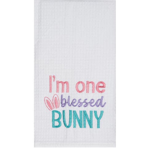 "I'm One Blessed Bunny" Easter Rabbit Embroidered Cotton Waffle Weave Kitchen Dishtowel