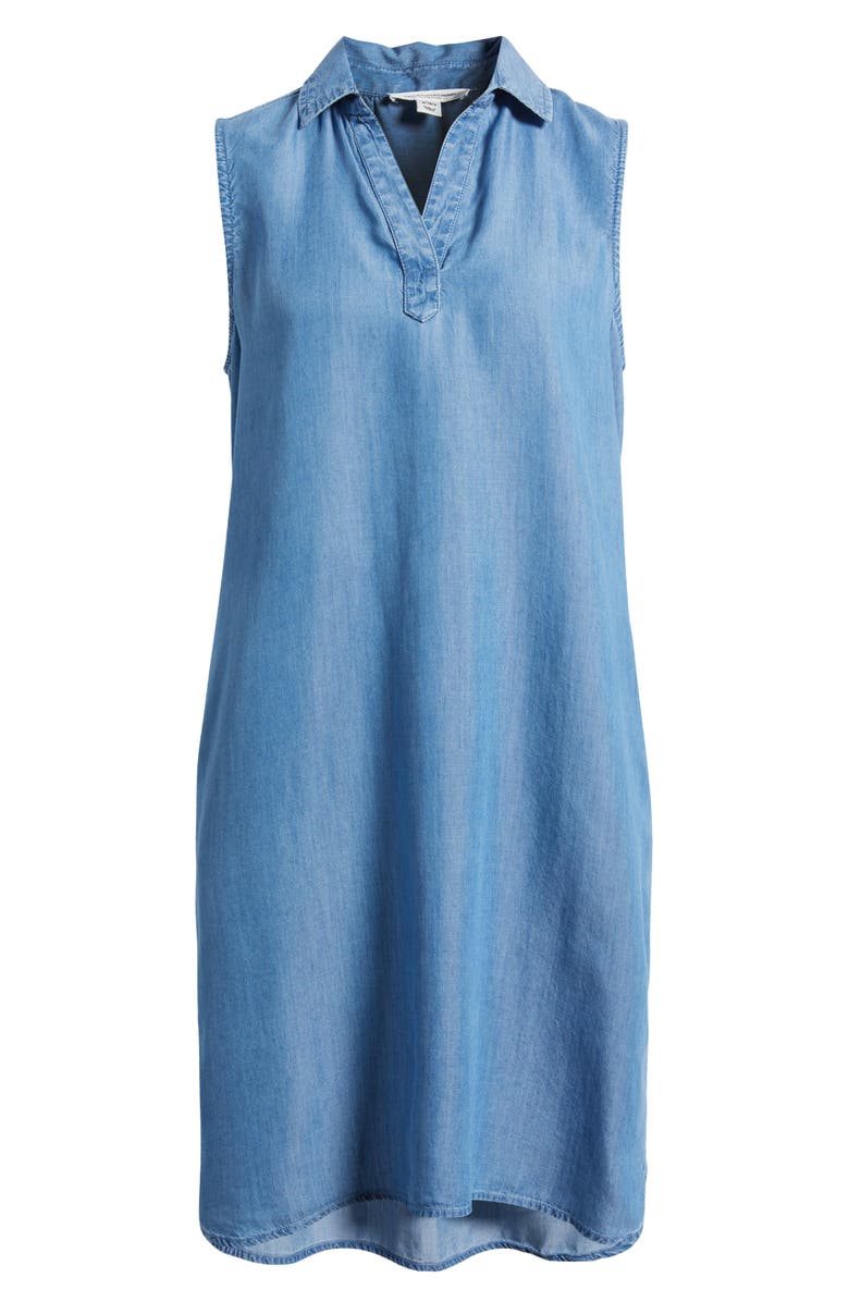 beachlunchlounge Jinni Split Neck Sleeveless Denim Shift Dress, Alternate, color, Medium Wash