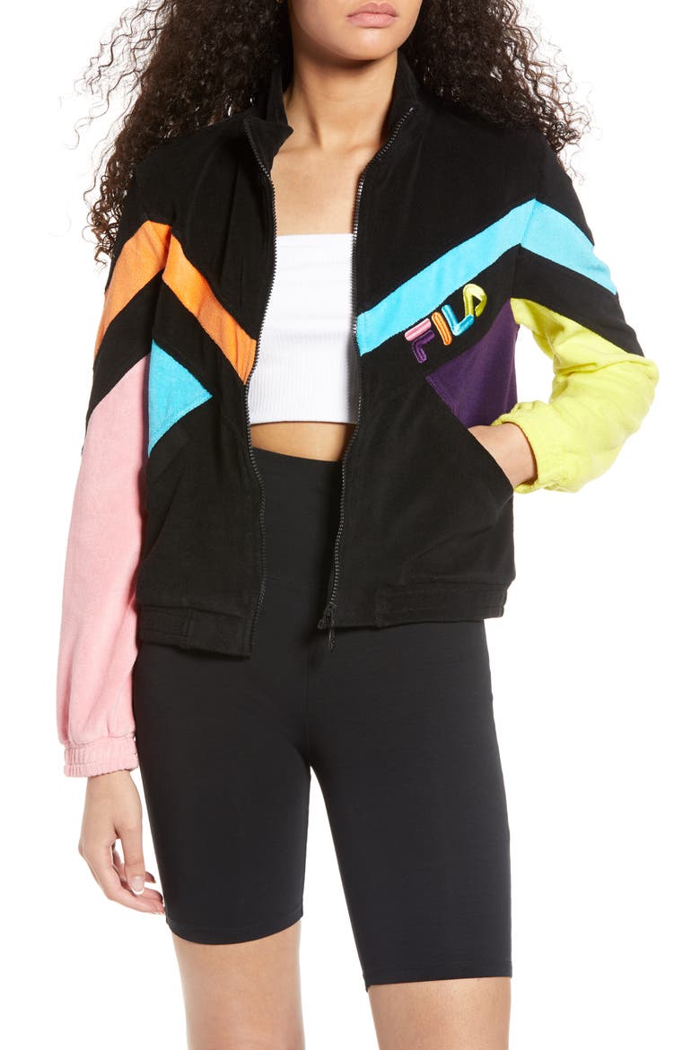 Hadley Colorblock Velour Crop Jacket, Main, color, BLACK/ BBTN/ CORG
