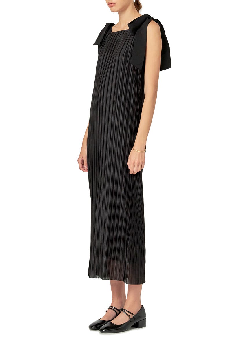 Bow Detail Pleated Maxi Dress, Alternate, color, BLACK