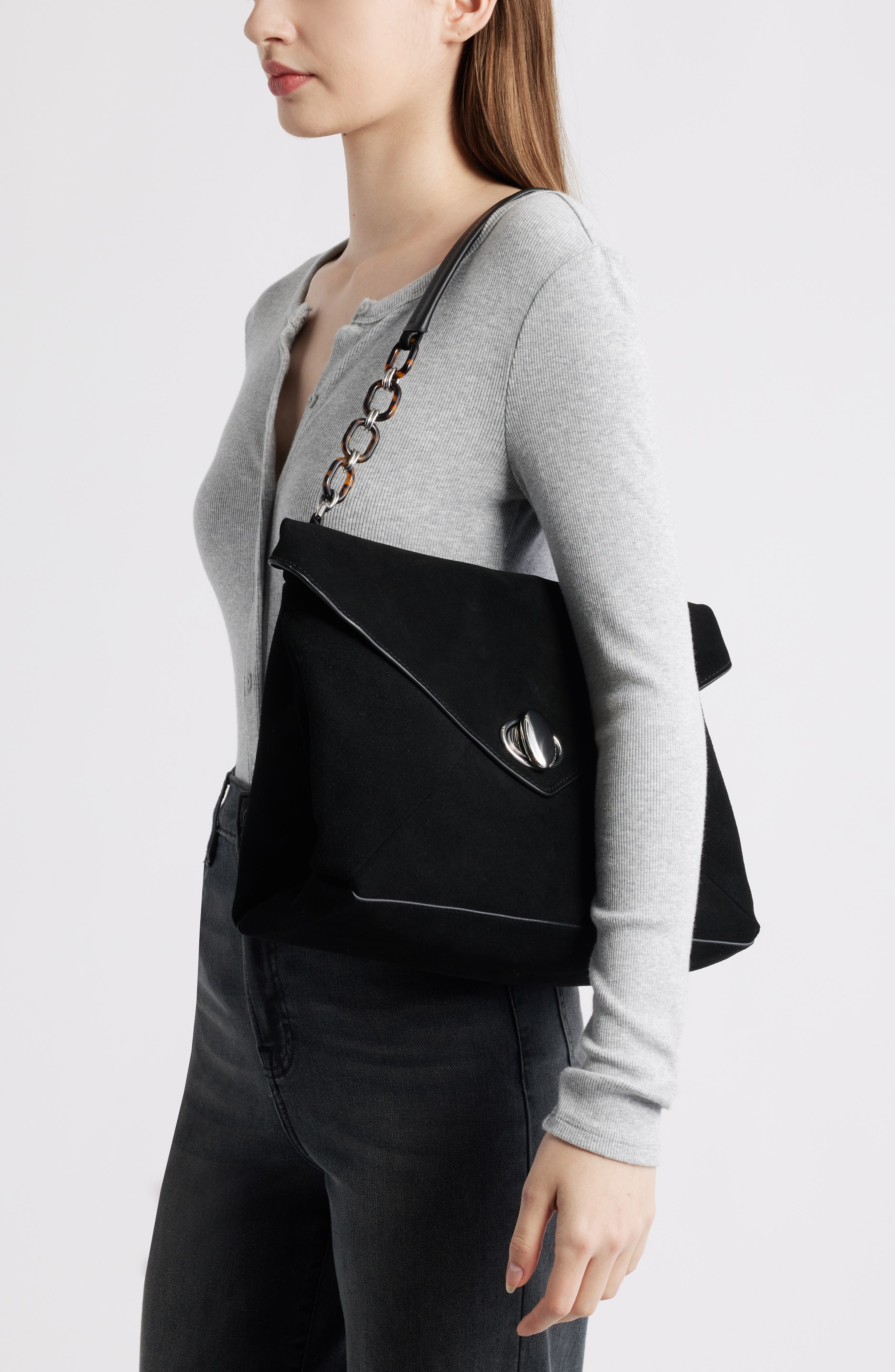 Rebecca Minkoff Love Note Suede Shoulder Bag, Alternate, color, Black