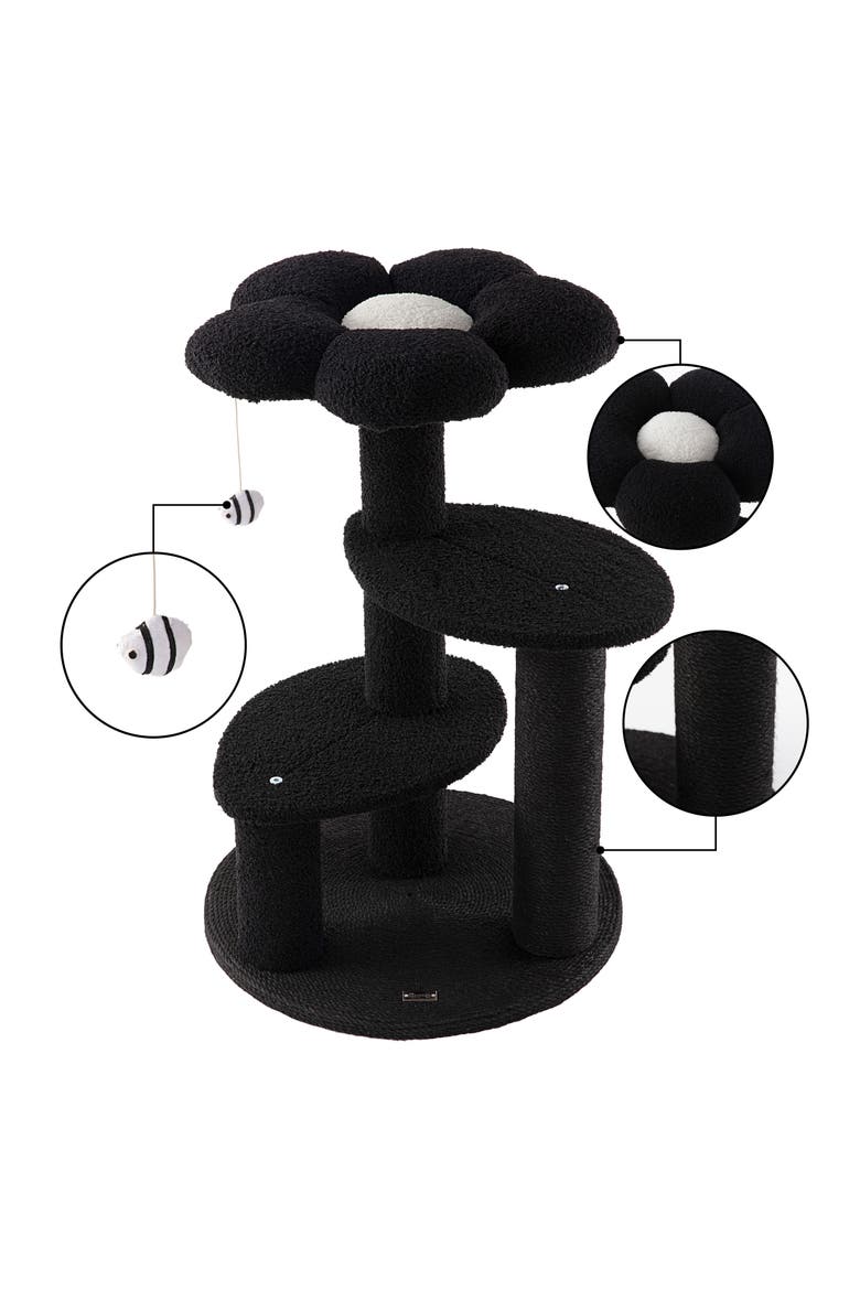Poppy 3-Tier Modern Jute Flower Cat Tree with Dangling Toy, Alternate, color, Black/White