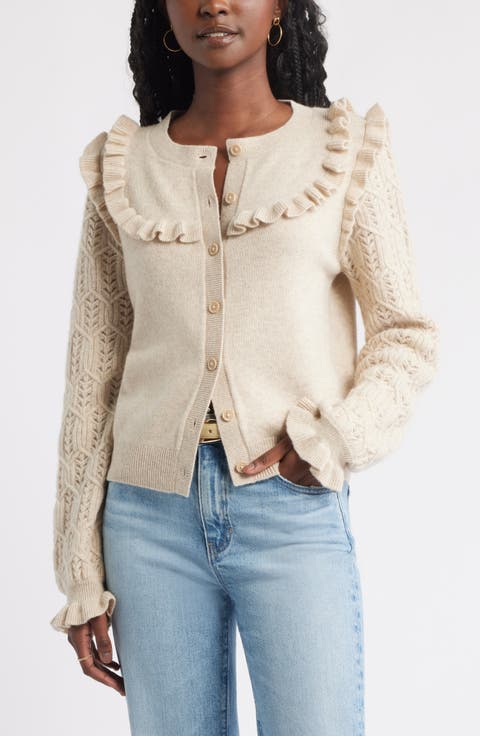 Pointelle Ruffle Wool & Cashmere Cardigan