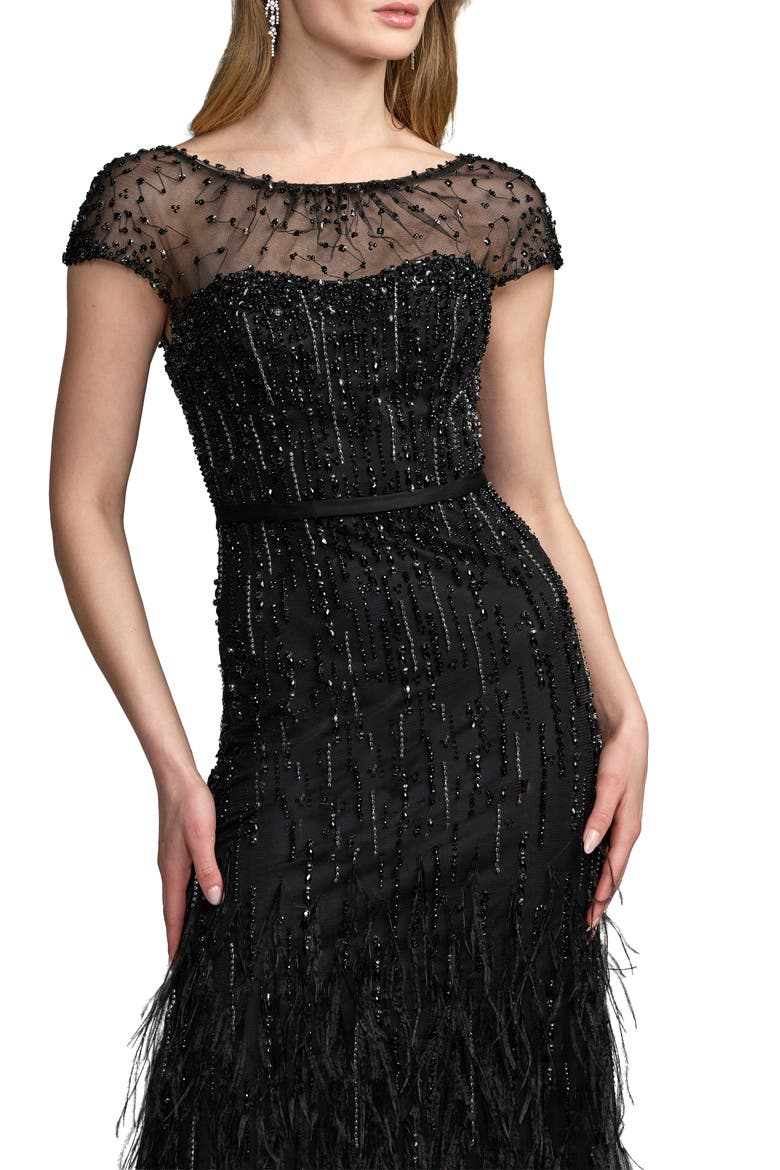 Hand Beaded Short Sleeve Feather Gown, Alternate, color, Black