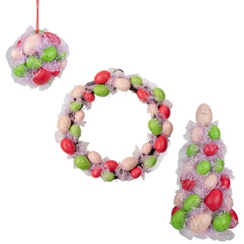 3-piece Speckled Easter Egg Tree, Ball And Wreath Set