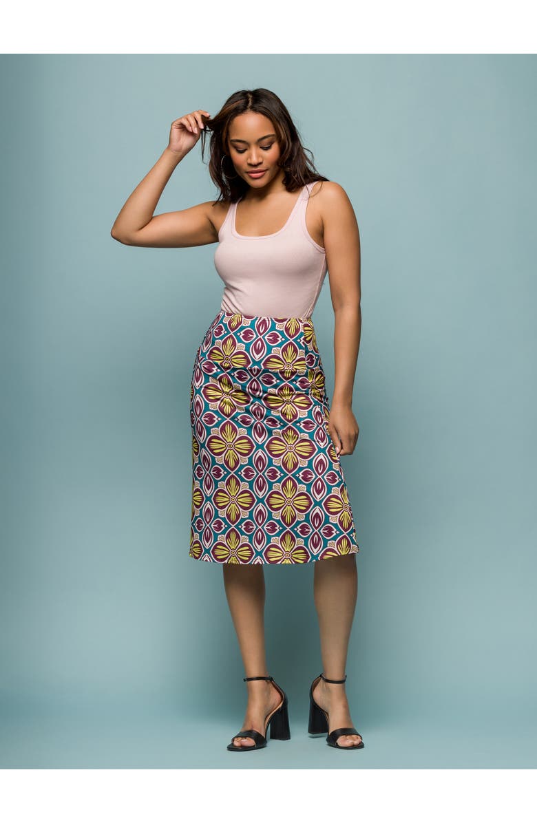 24seven Comfort Apparel Floral Print Comfortable Elastic Waist Knee Length Skirt, Alternate, color,