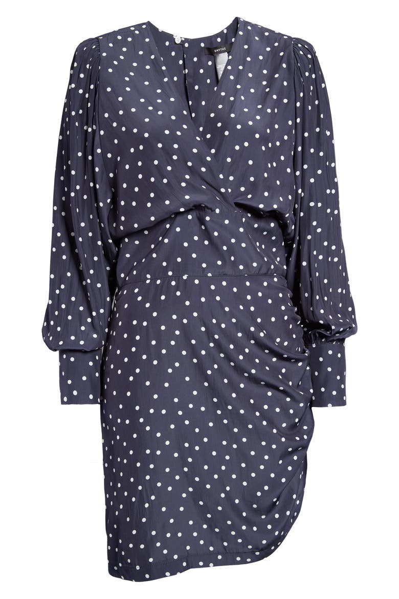 Asymmetric Drape Long Sleeve Minidress, Alternate, color, NAVY/ WHITE DOT