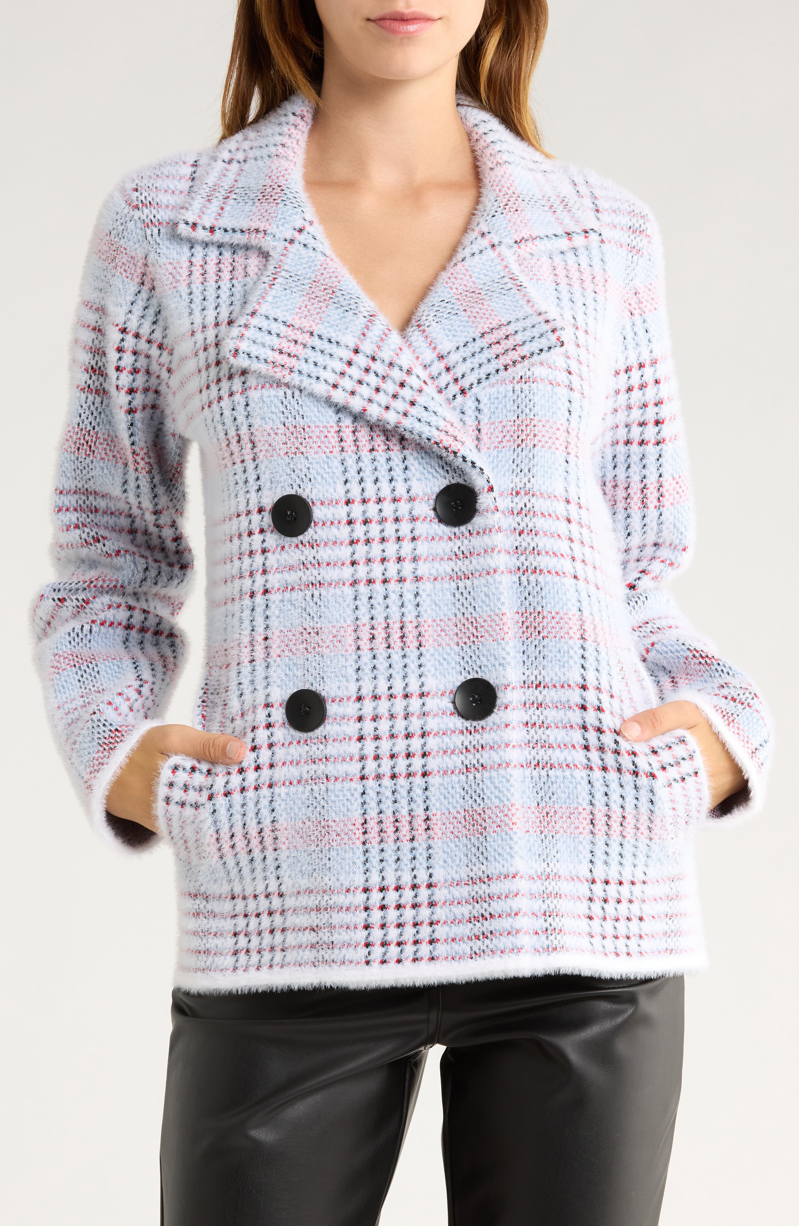 Love By Design Paige Plaid Double Breasted Sweater Coat