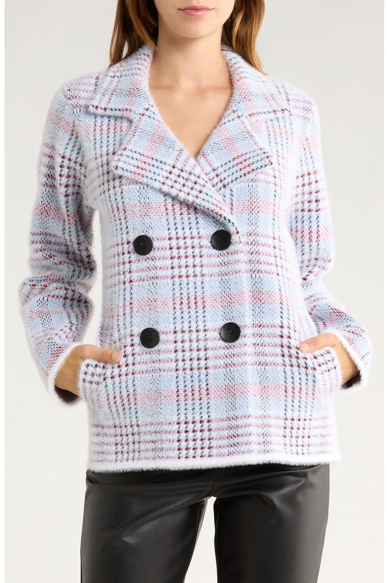 Paige Plaid Double Breasted Sweater Coat, Main, color, BLACK/ WHITE/ RED/ BLUE