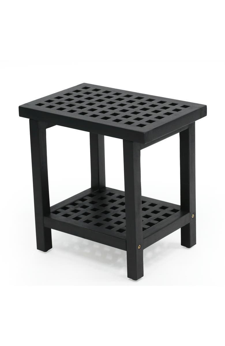 JONATHAN Y Armin 18.1" Modern Classic Grid Slat Solid Acacia Wood Indoor/Outdoor Shower Stool, Main, color, Black