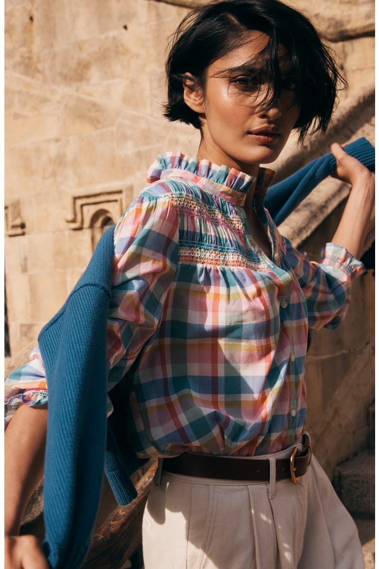 Esme Check Smock Detail Cotton Button-Up Shirt, Alternate, color, MULTI CHECK