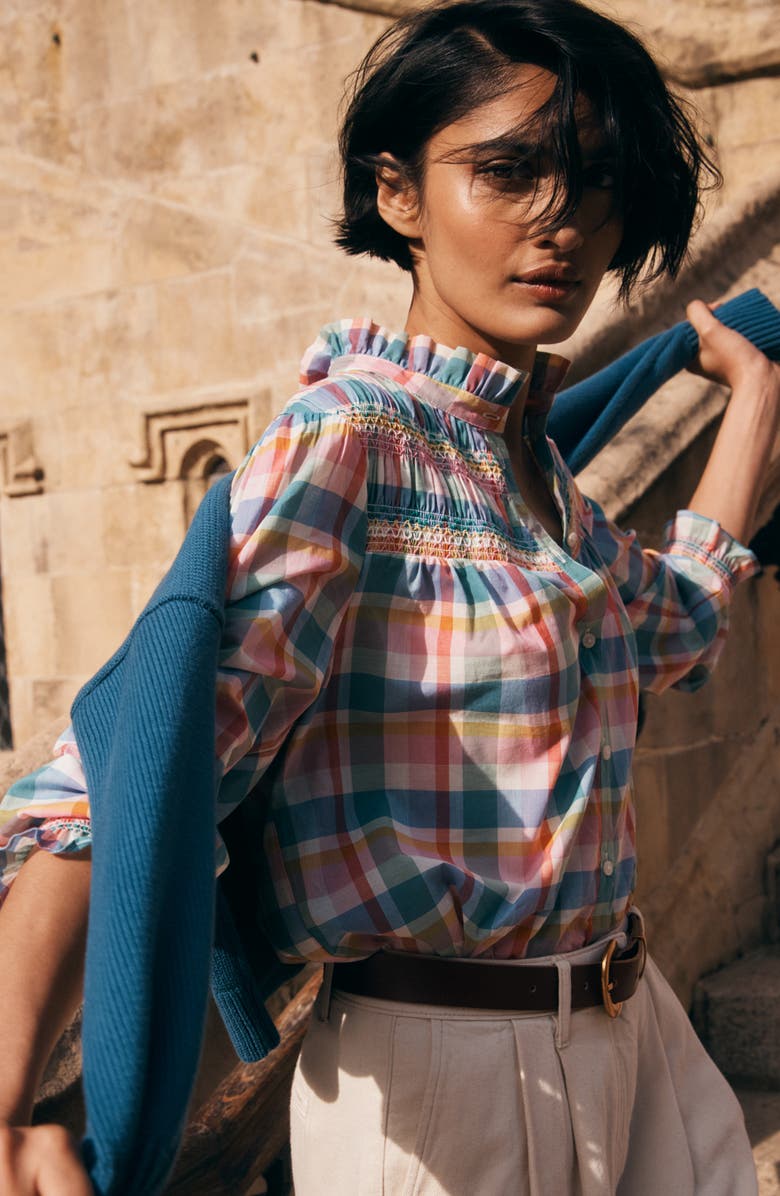 Boden Esme Check Smock Detail Cotton Button-Up Shirt, Alternate, color, Multi Check