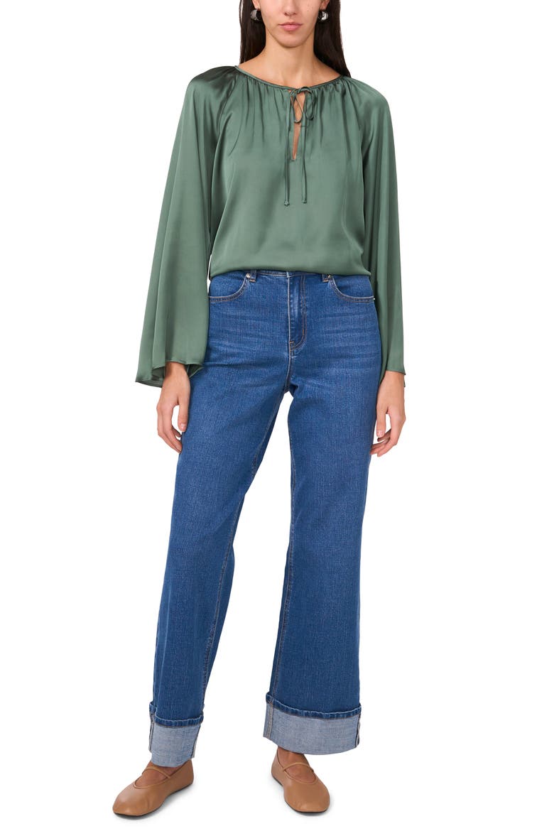 Tie Neck Wide Sleeve Satin Top, Alternate, color, DARK FOREST