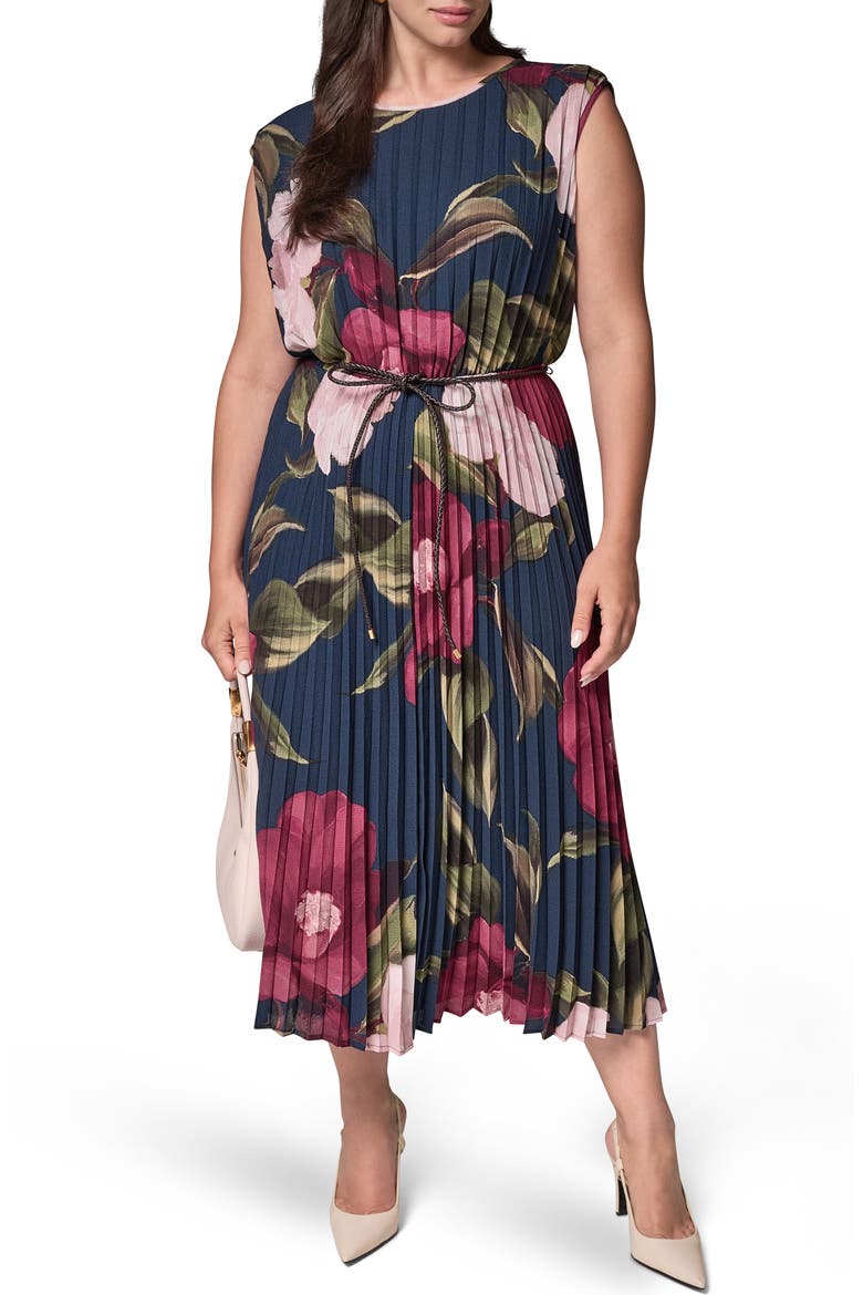 Floral Pleated Chiffon Midi Dress, Alternate, color, NAVY/ BLCK