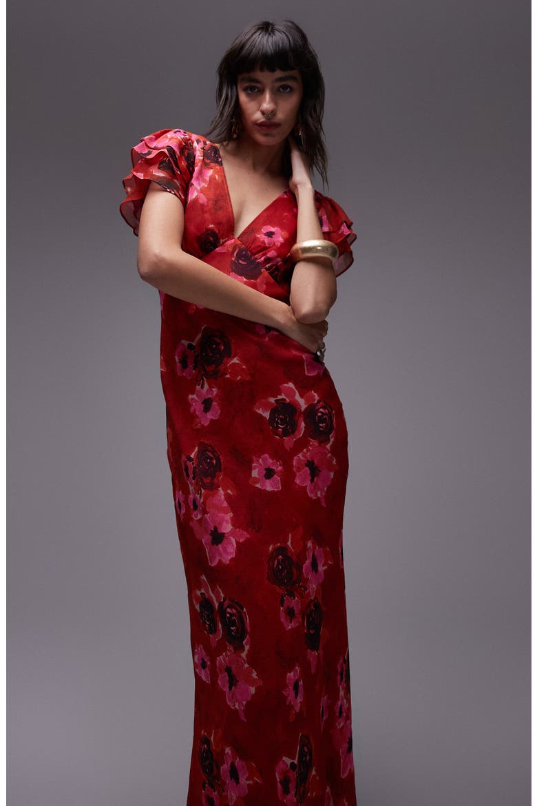 Floral Flutter Sleeve Maxi Dress, Alternate, color, PINK BLURRED FLORAL