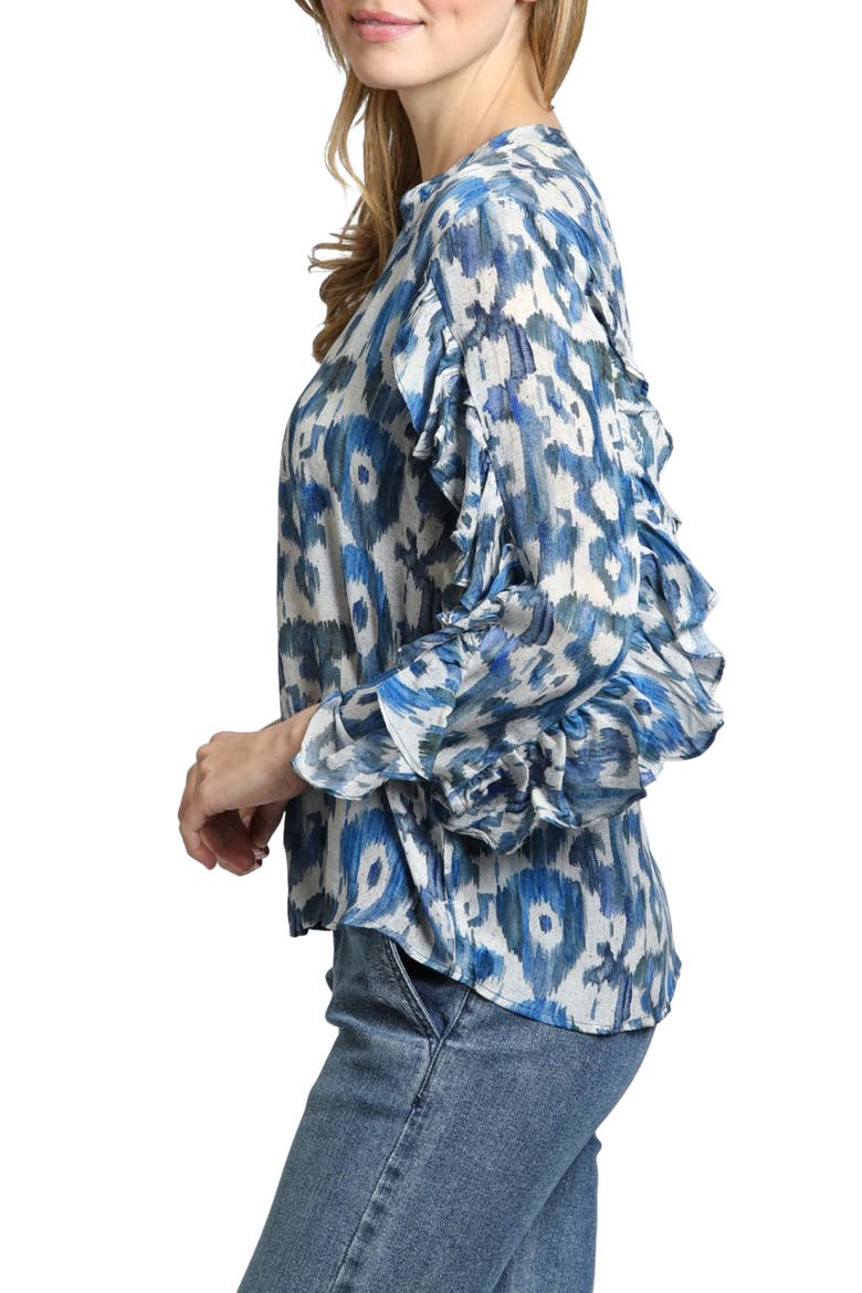 Mixed Print Ruffle Sleeve Button-Up Shirt, Alternate, color, BLUE MULTI