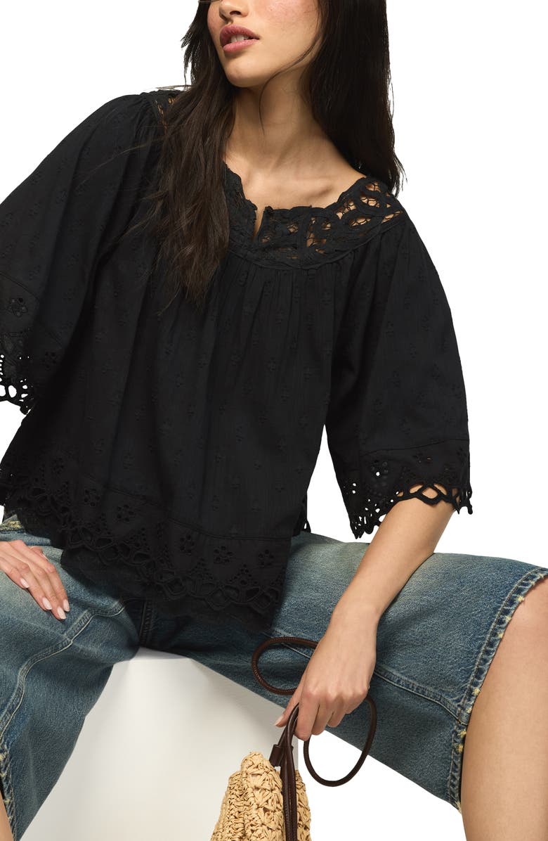 Lucky Brand Battenburg Lace Embroidered Top, Alternate, color, Caviar