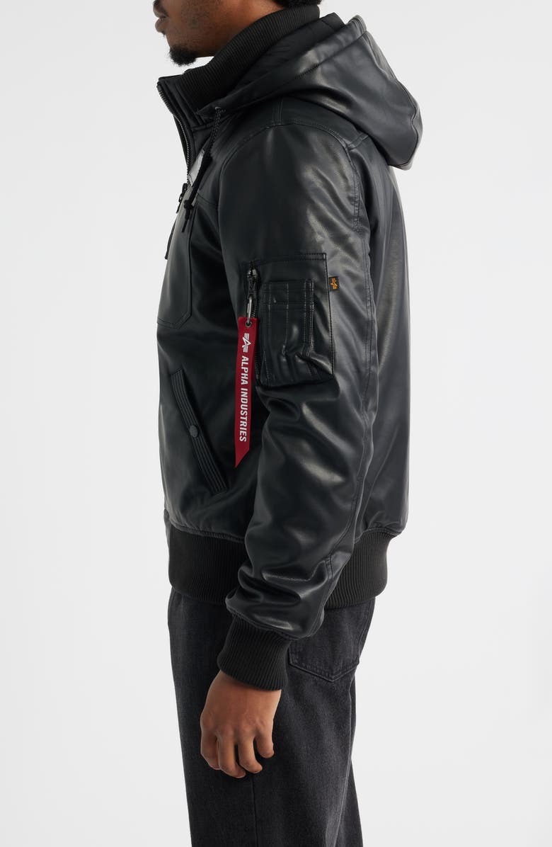 Alpha Industries Hooded Faux Leather Flight Jacket, Alternate, color, Black