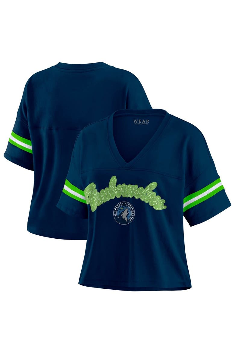 Women's WEAR by Erin Andrews Navy Minnesota Timberwolves Plus Size Color Block Boxy V-Neck T-Shirt, Main, color, Navy