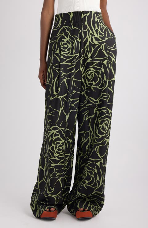 Pila Giant Couture Rose Print Pleated Wide Leg Twill Pants