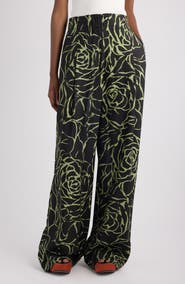 Dries Van Noten Pila Giant Couture Rose Print Pleated Wide Leg Twill Pants