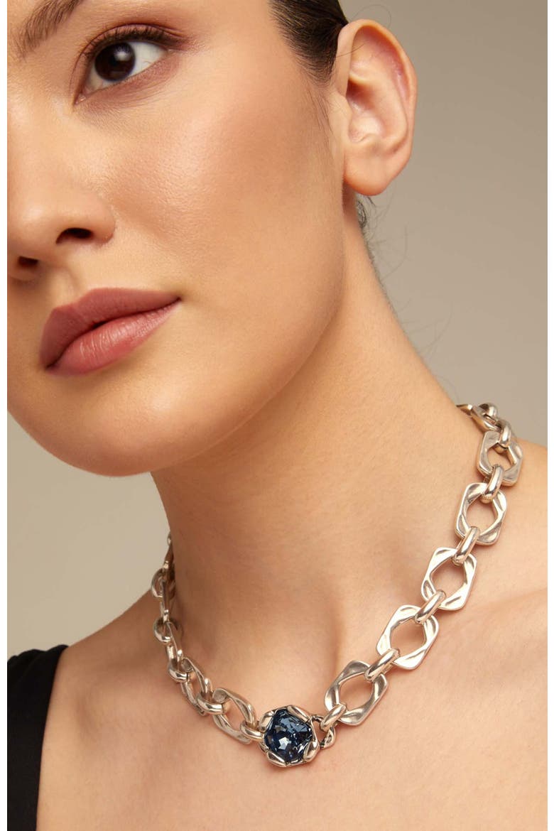 Wide Link Blue Crystal Necklace, Alternate, color, Silver