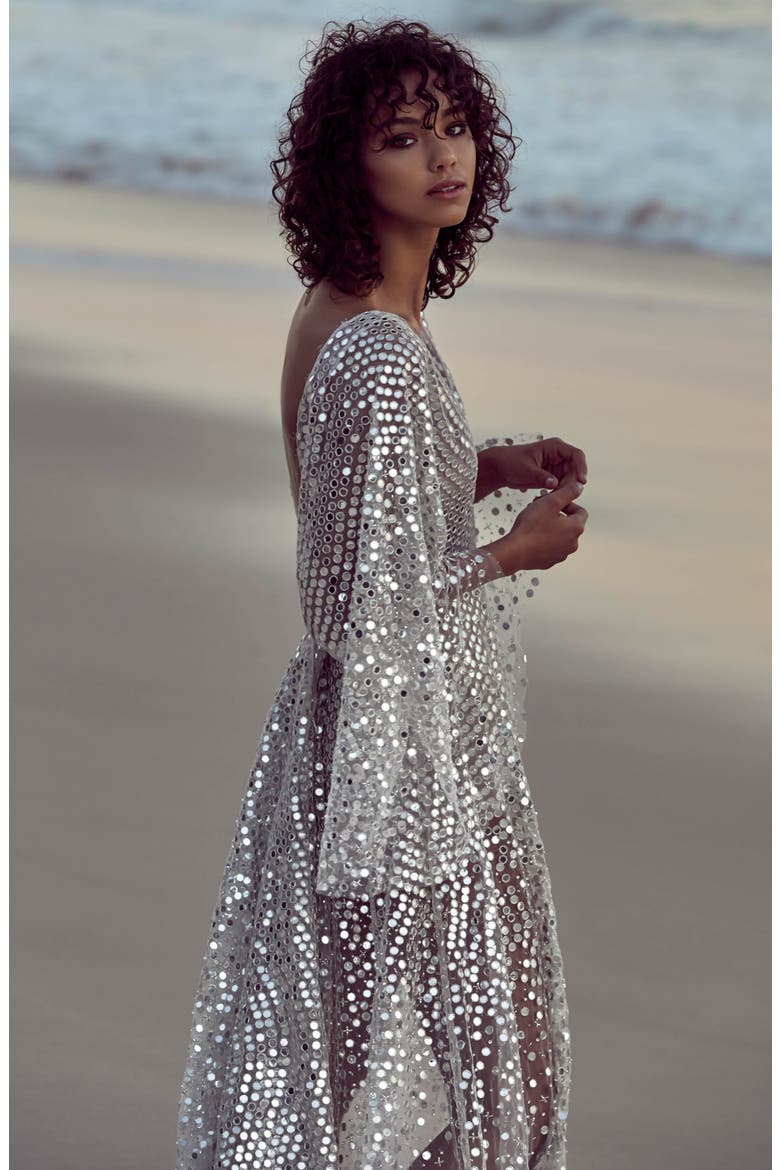 Toby Sequin High/Low Wedding Dress, Alternate, color, SILVER