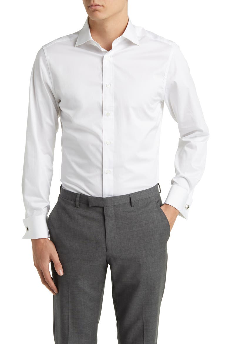 Luxury Twill Slim Fit Shirt Double Cuff, Main, color, WHITE