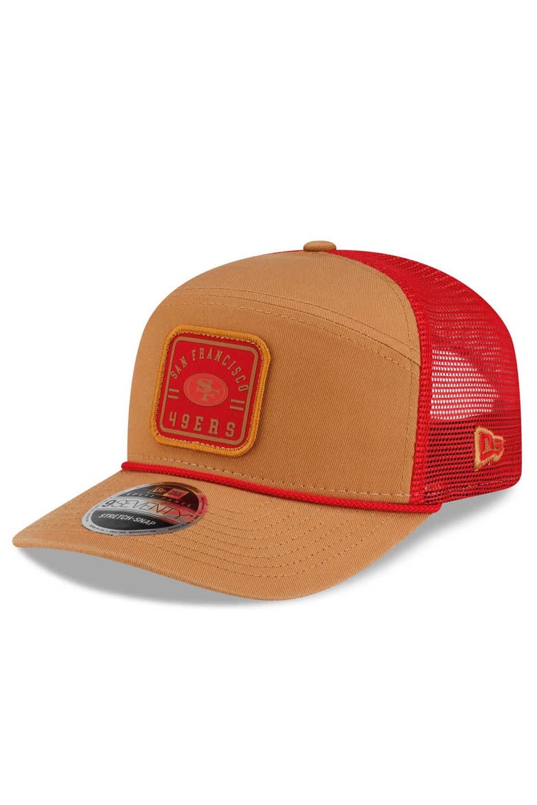Men's New Era  Brown/Scarlet San Francisco 49ers Team Patch Split Panel 9SEVENTY Adjustable Trucker Hat, Main, color, Brown