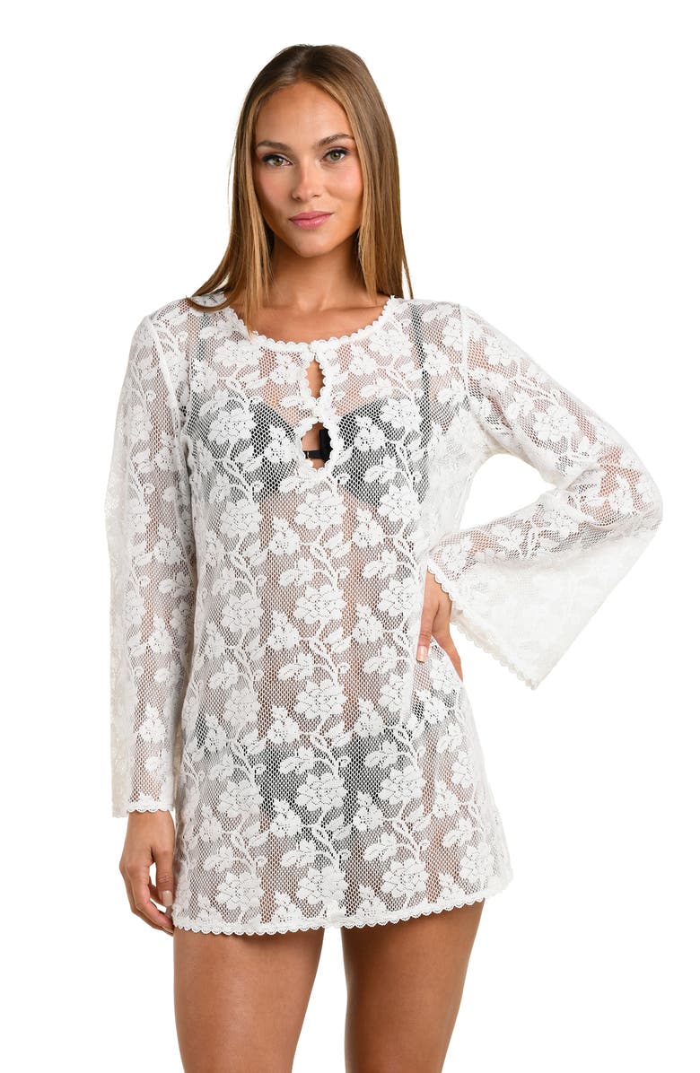 Sunshine 79 Celestial Petals Long Sleeve Open Stitch Cover-Up Dress, Alternate, color, Ivory