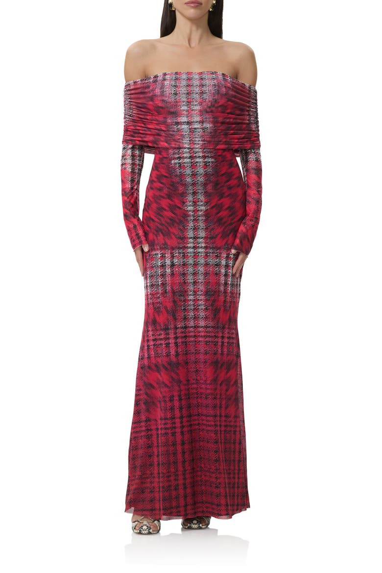 Thelma Off the Shoulder Long Sleeve Maxi Dress, Main, color, RUBY HOUNDSTOOTH