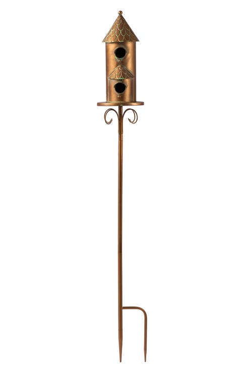 Farmhouse Faux Copper 2-Tiered Metal Decorative Garden Birdhouse with Stake