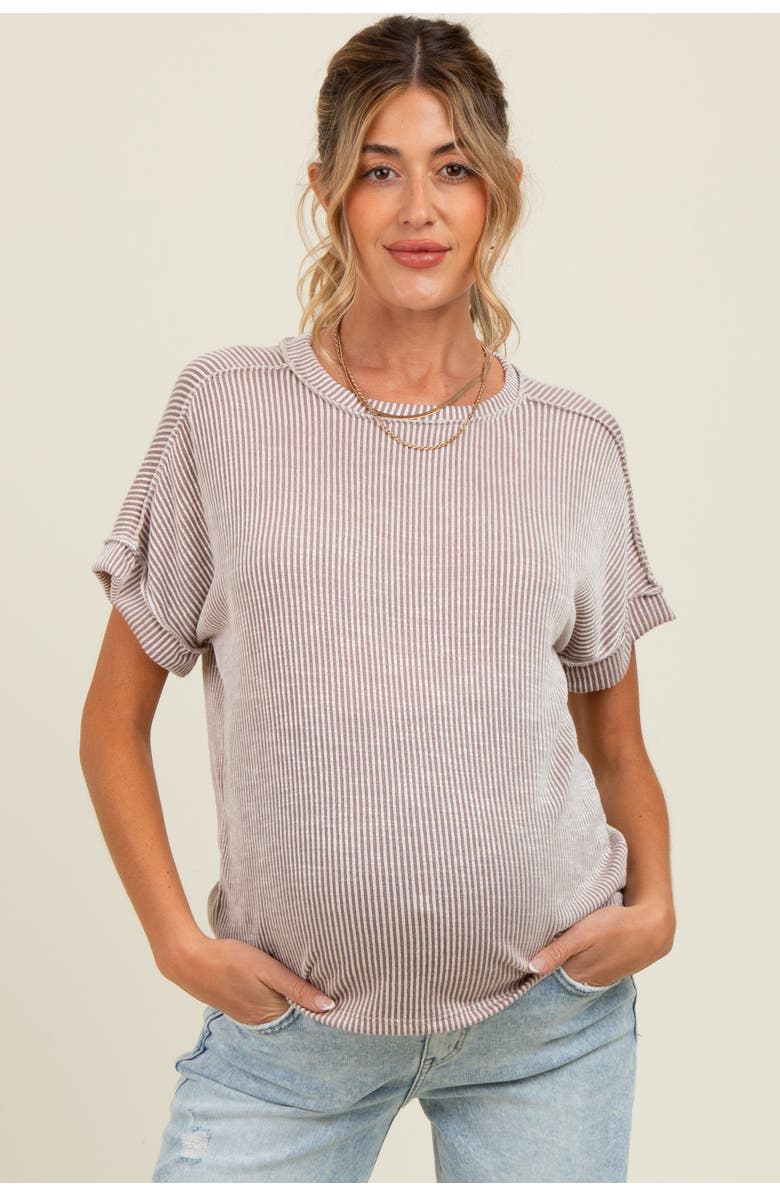 PinkBlush Ribbed Exposed Seam Short Sleeve Top, Main, color, Taupe