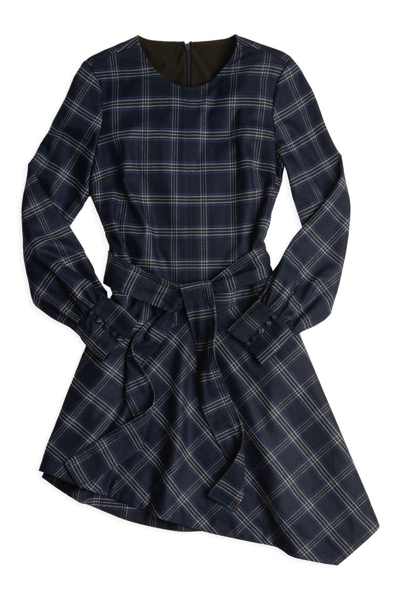 Soft Plaid Asymmetrical Hem Long Sleeve Dress, Alternate, color, BLUE NIGHT