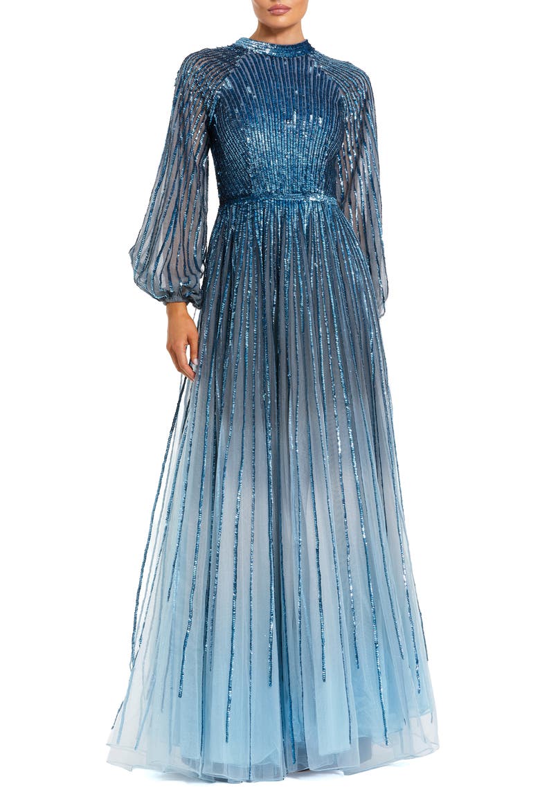 Sequin Mesh Ombre Bishop Sleeve A-Line Gown, Main, color, Slate Blue
