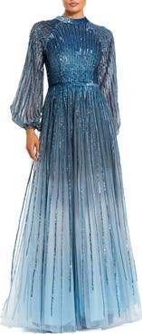 Mac Duggal Sequin Mesh Ombre Bishop Sleeve A-Line Gown