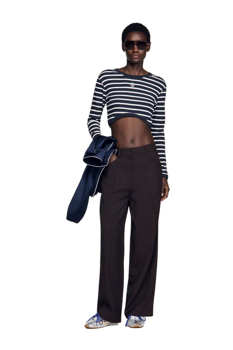 Cropped striped cotton T-shirt, Alternate, color, Marine / blanc