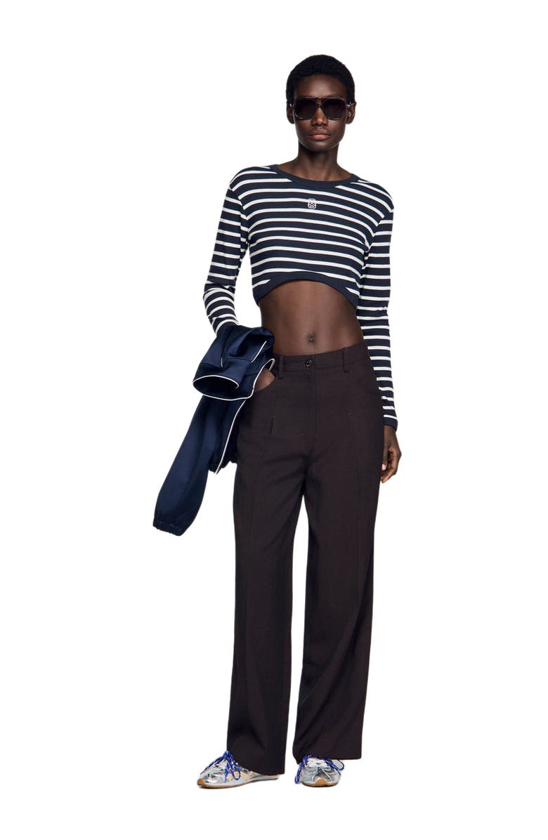 SANDRO Cropped striped cotton T-shirt, Alternate, color, Marine / Blanc