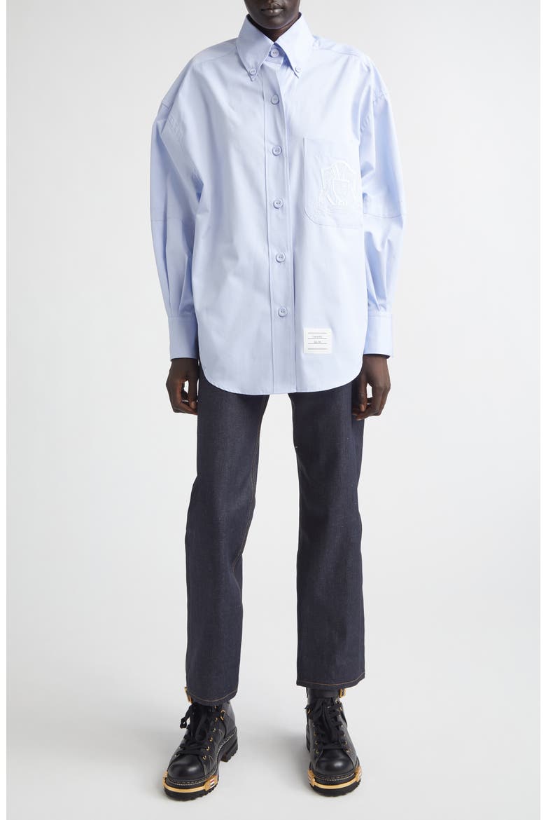 Crest Embroidered Oversize Cotton Poplin Button-Down Shirt, Alternate, color, LIGHT BLUE