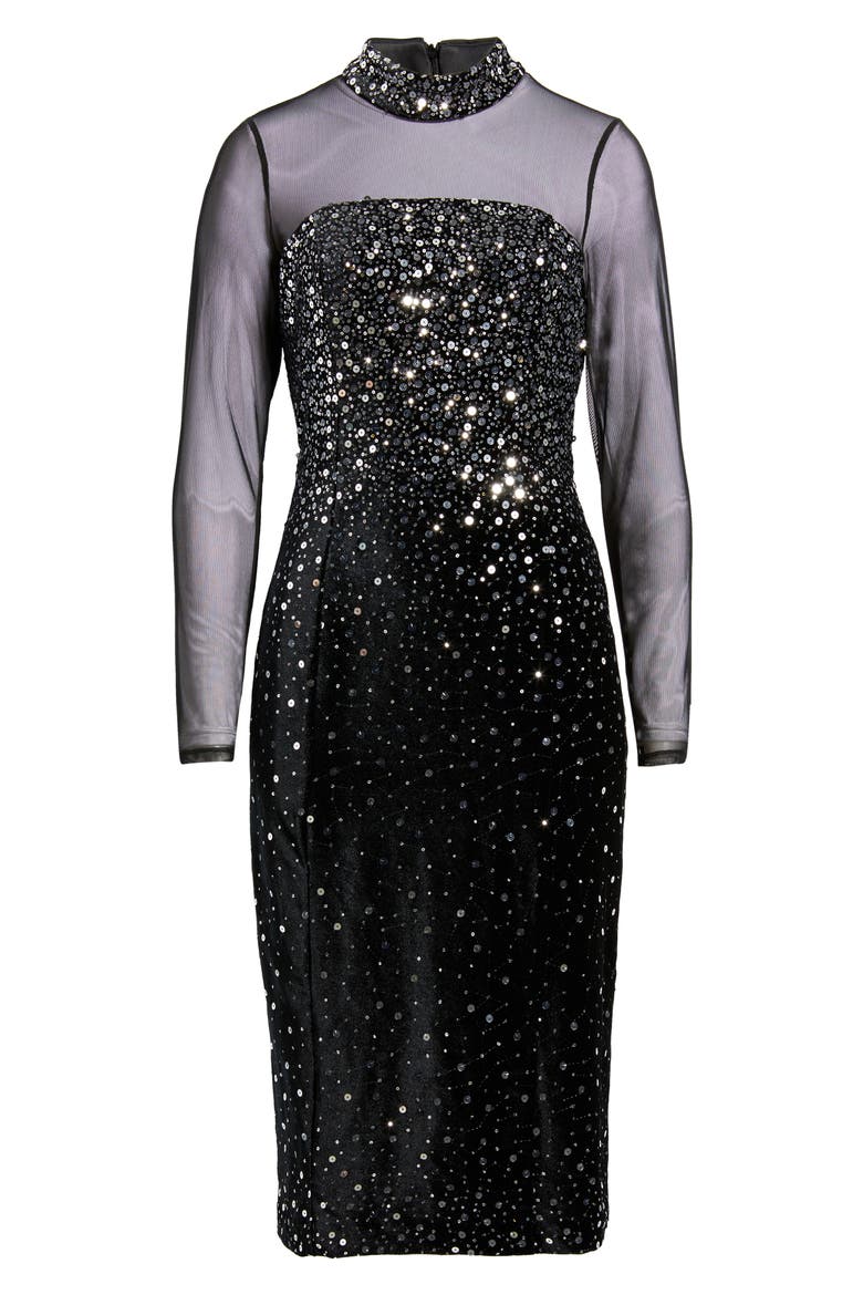 Mixed Media Sequin Long Sleeve Cocktail Midi Dress, Alternate, color, BLACK SILVER